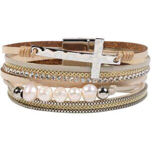 Sophisticated Multi-Layer Leather Bracelet with Cross for Fashionable Women